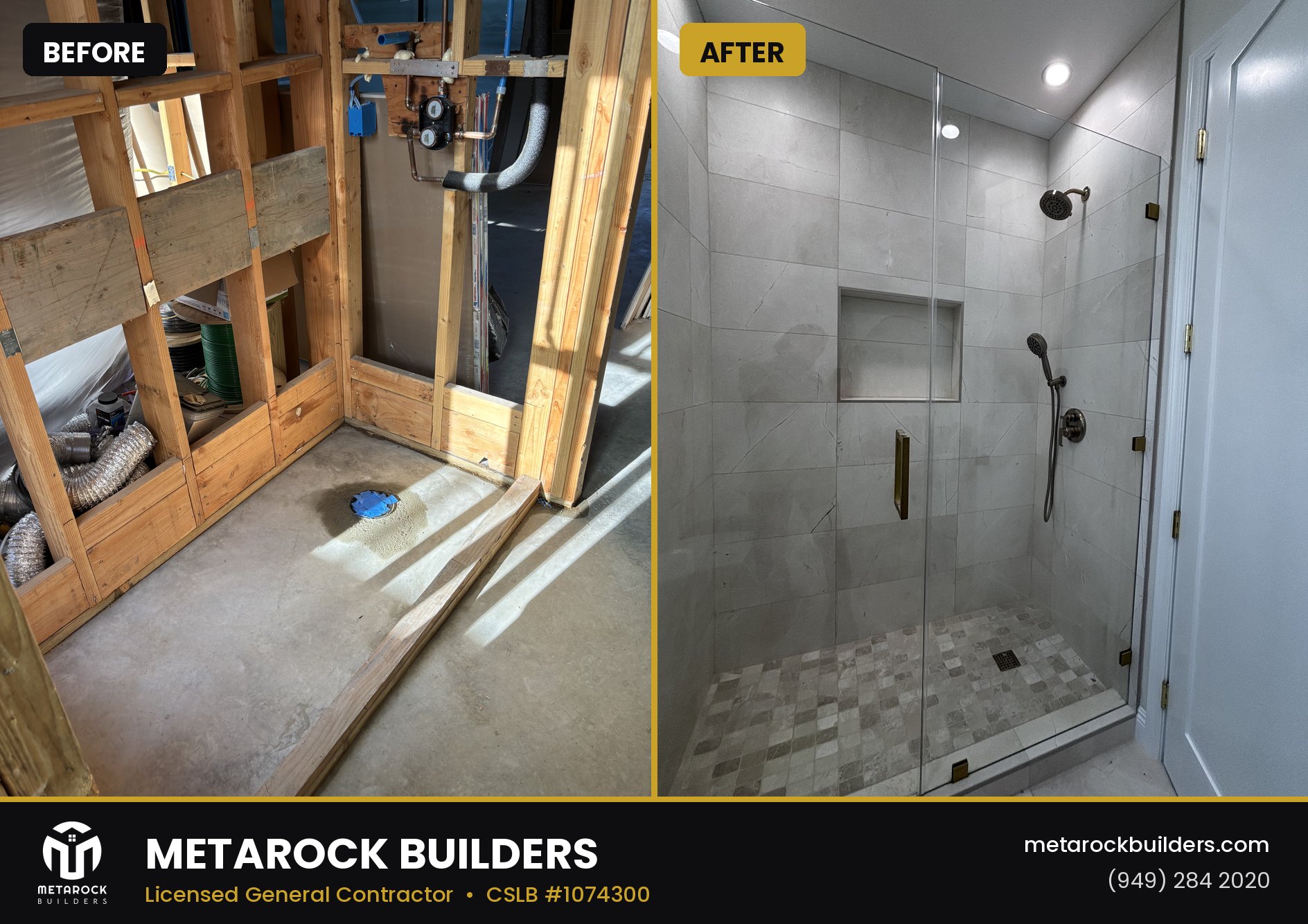 Shower remodel in Orange County by Metarock Builders, before and after