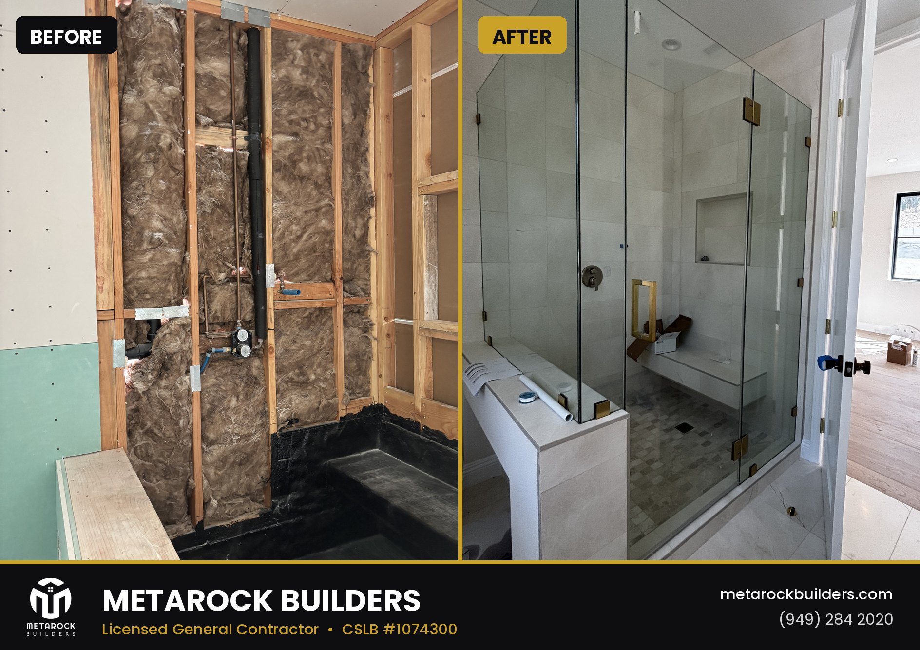 Shower remodel in Orange County by Metarock Builders, before and after