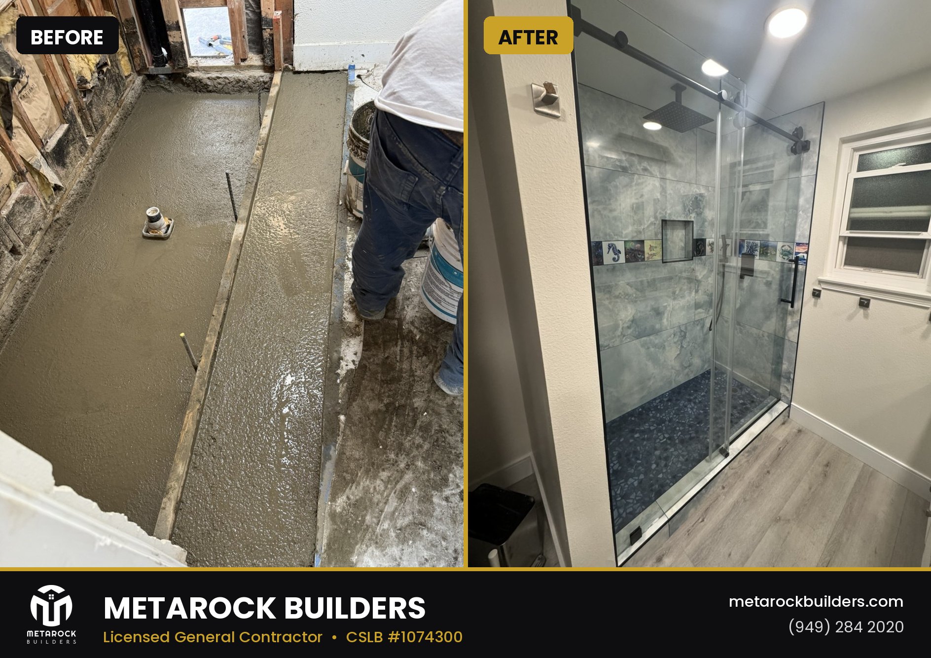 Shower remodel in Orange County by Metarock Builders, before and after