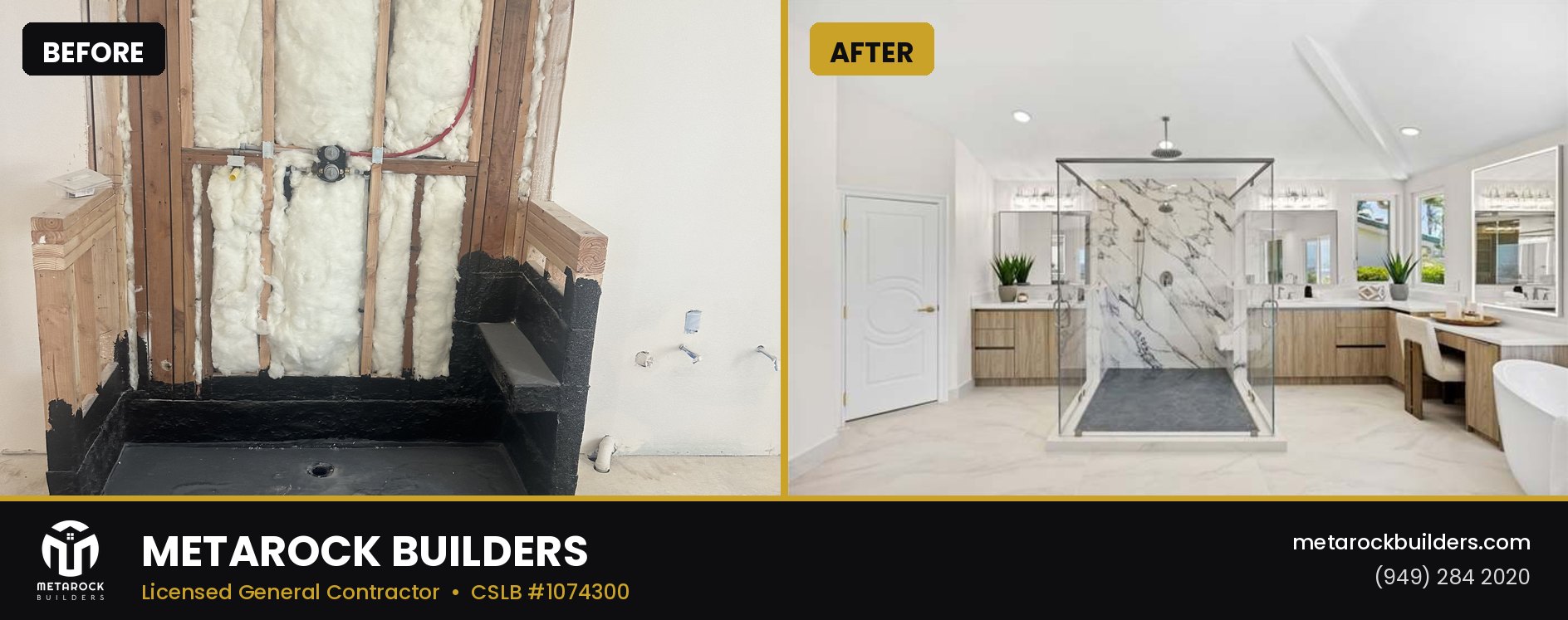 Bathroom remodel in Orange County by Metarock Builders, before and after