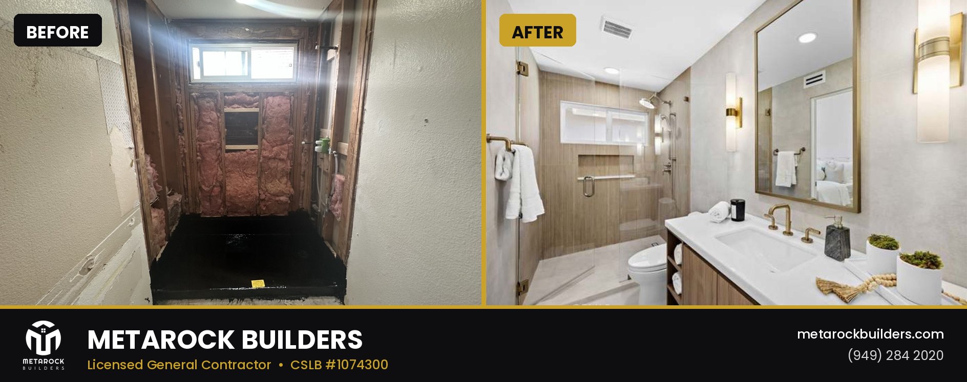 Bathroom remodel in Orange County by Metarock Builders, before and after