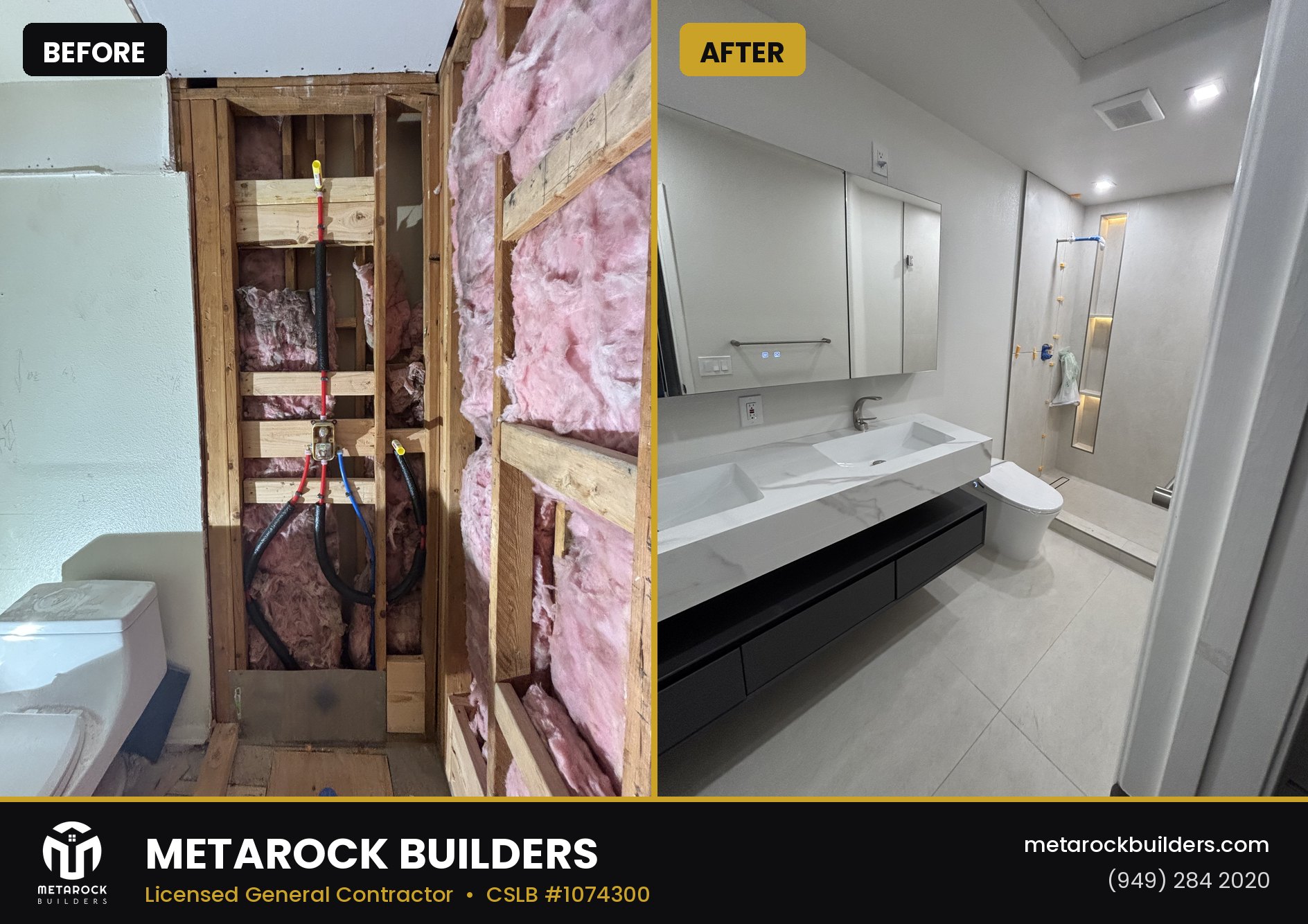 Bathroom and shower remodel in Orange County by Metarock Builders, before and after