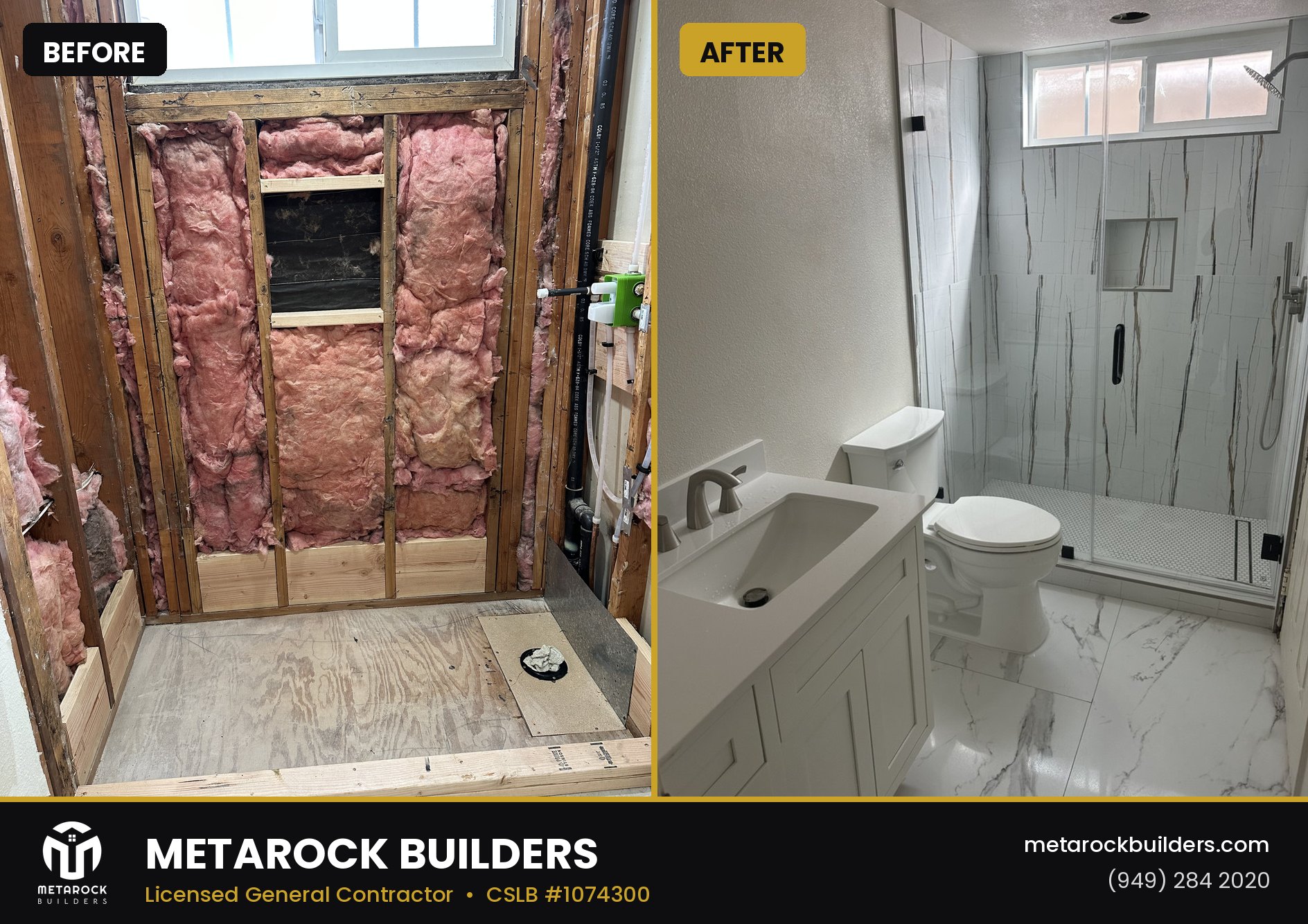 Bathroom remodel in Orange County by Metarock Builders, before and after