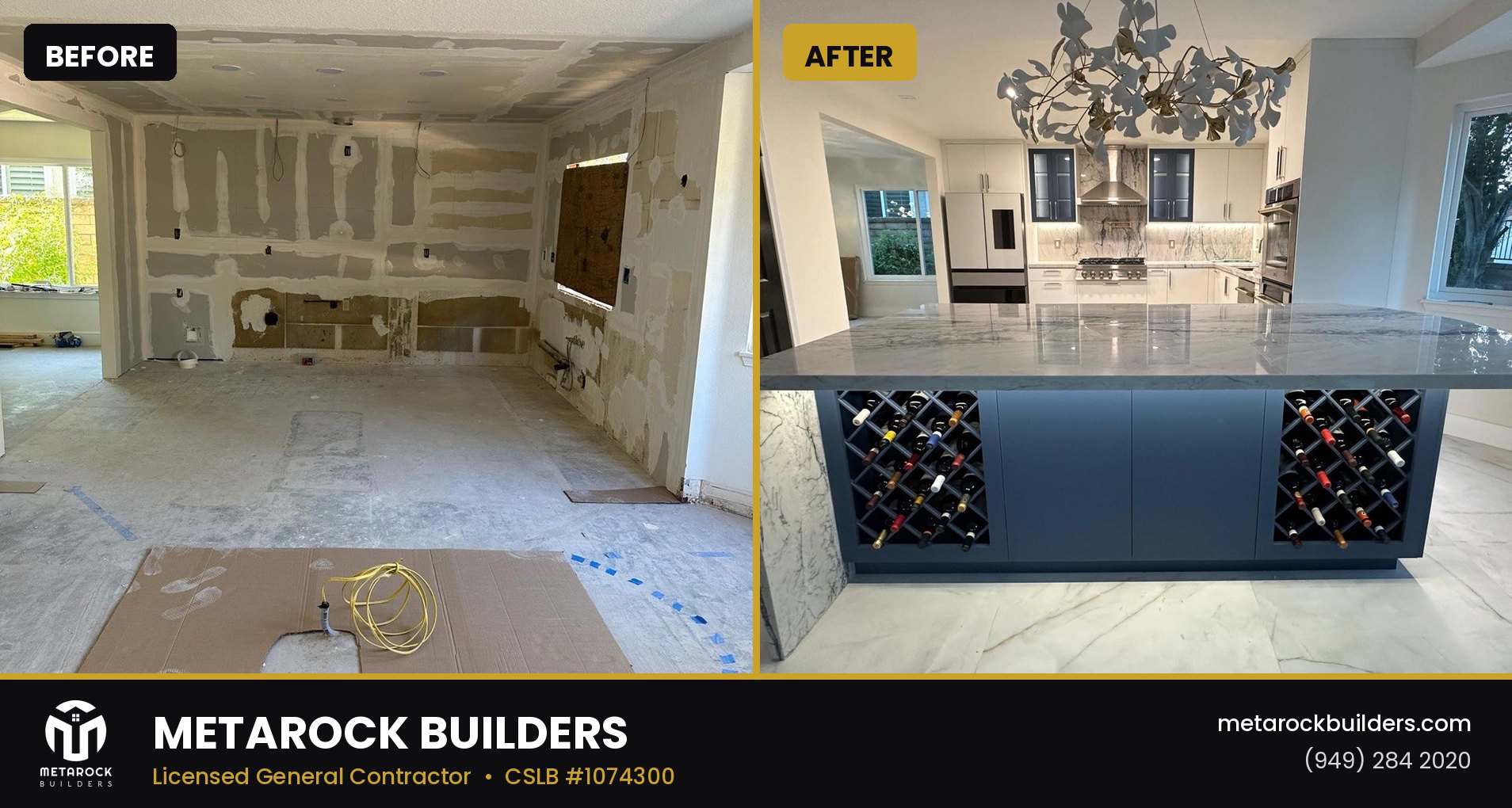 Kitchen remodel in Orange County by Metarock Builders, before and after