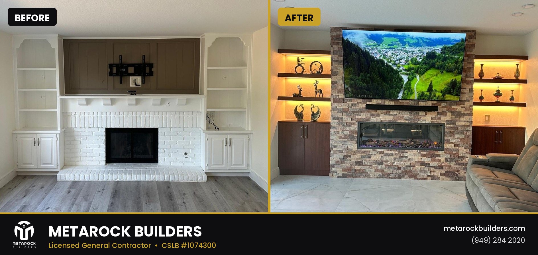 Fireplace remodel in Orange County by Metarock Builders, before and after