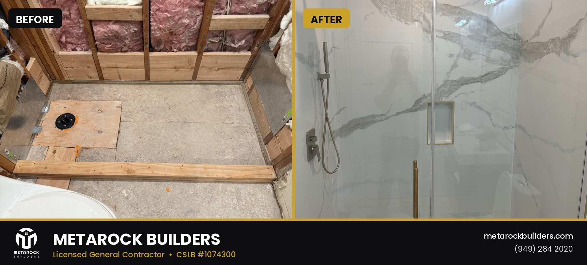 Bathroom remodel in Orange County by Metarock Builders, before and after