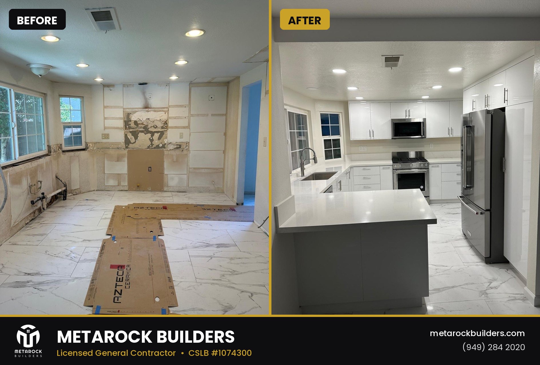 Kitchen remodel in Orange County by Metarock Builders, before and after
