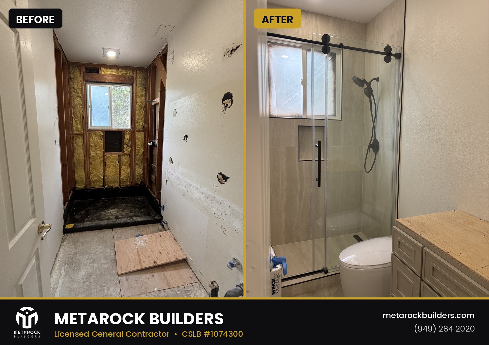 Shower remodel in Orange County by Metarock Builders, before and after