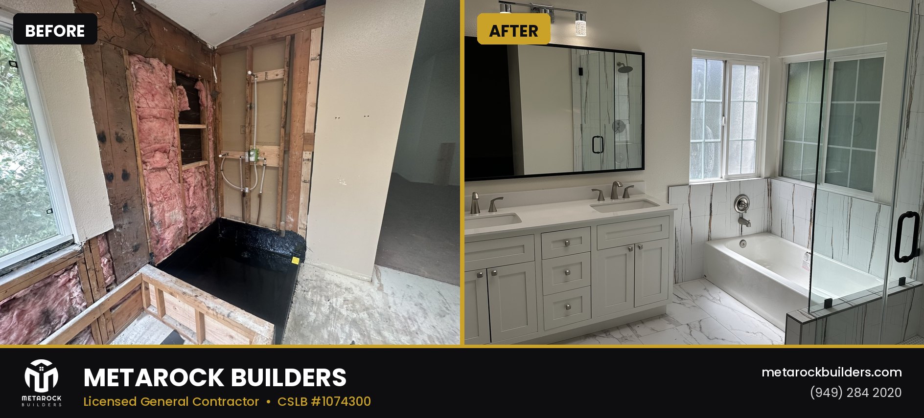 Bathroom remodel in Orange County by Metarock Builders, before and after
