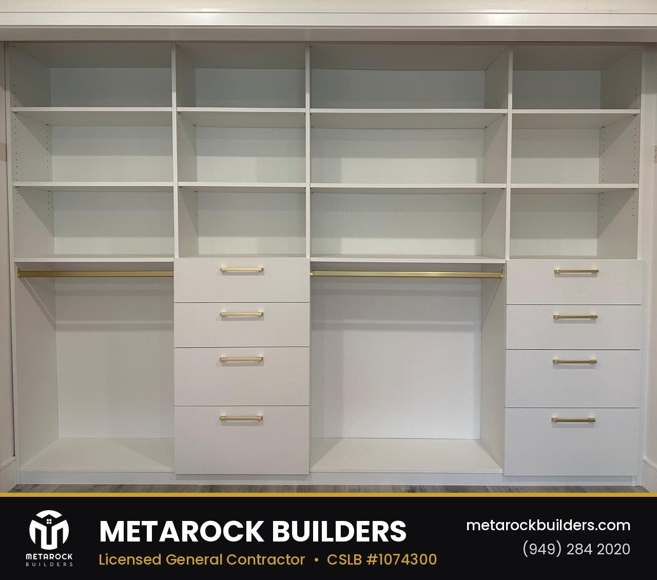 Closet remodel in Orange County by Metarock Builders, completed after photo with full-wall built-in wardrobe, brushed brass hardware, and integrated drawer towers