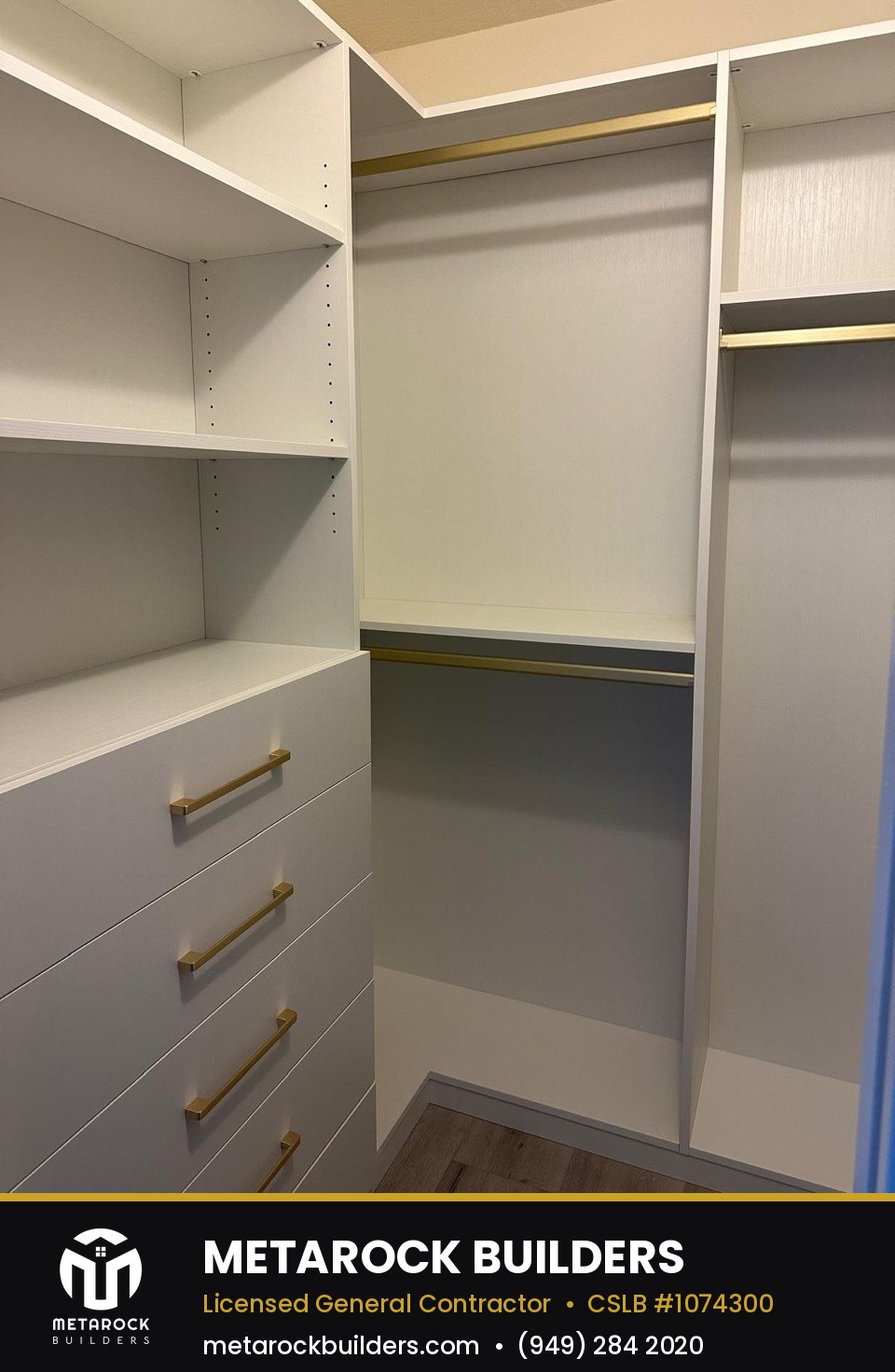 Closet remodel in Orange County by Metarock Builders, completed after photo with custom white shelving, brushed brass hardware, and integrated drawers