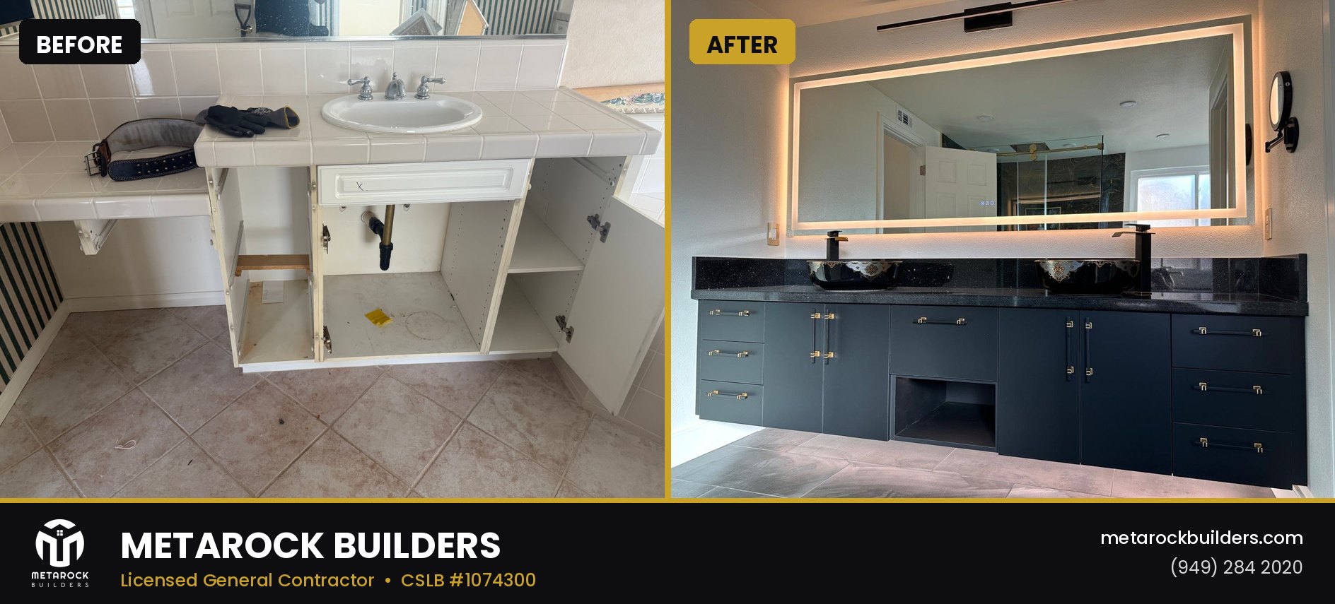 Bathroom remodel in Orange County by Metarock Builders, before and after