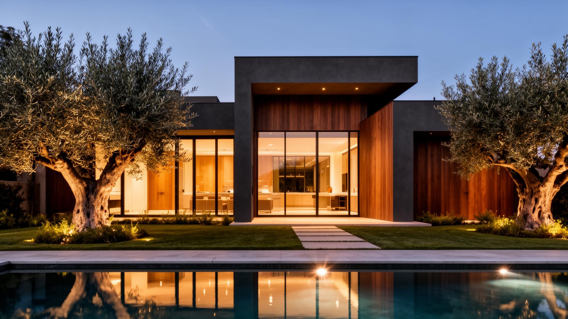 Modern luxury California home exterior at dusk